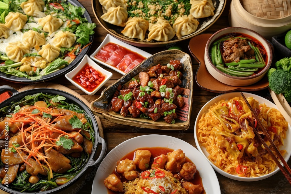 Assortment of Chinese dishes on wooden table. Various Asian food, including noodles, rice, vegetables, on flat plate. Chinese cuisine, cooking ingredients, cookware, meal preparation. Traditional Assortment of Chinese dishes on wooden table. Various Asian food, including noodles, rice, vegetables, on flat plate. Chinese cuisine, cooking ingredients, cookware, meal preparation. Traditional