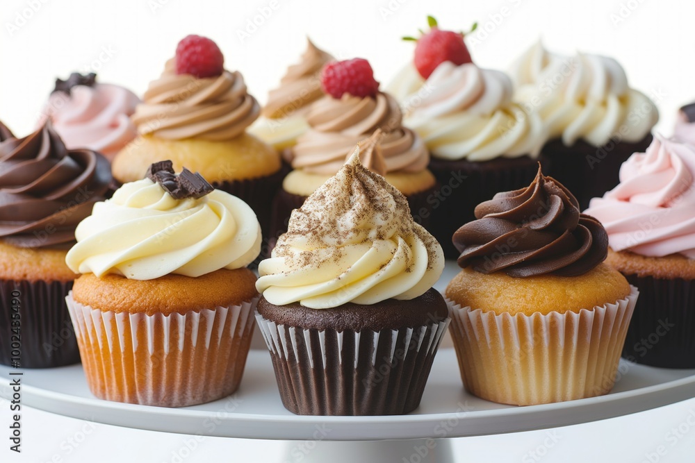 Close-up of colorful cupcakes on cake stand isolated on white. Various sweet treats with cream, icing, sprinkles. Delicious desserts in different flavors, arrangements. Perfect for baking, eating, Close-up of colorful cupcakes on cake stand isolated on white. Various sweet treats with cream, icing, sprinkles. Delicious desserts in different flavors, arrangements. Perfect for baking, eating,
