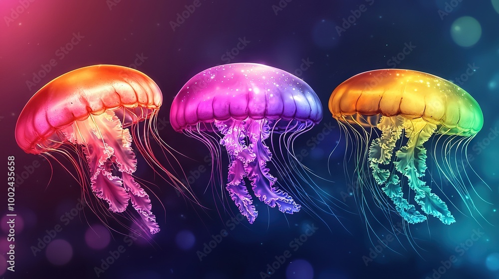 A cluster of jellyfish bobbing above a vibrant ocean filled with blue, pink, yellow, and green jellyfish A cluster of jellyfish bobbing above a vibrant ocean filled with blue, pink, yellow, and green jellyfish
