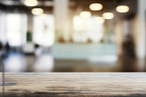 Modern office table in contemporary corporate setting. Blurred background adds focus to wooden surface. Desk for work, meeting, presentation, marketing, management, communication, comfort, product