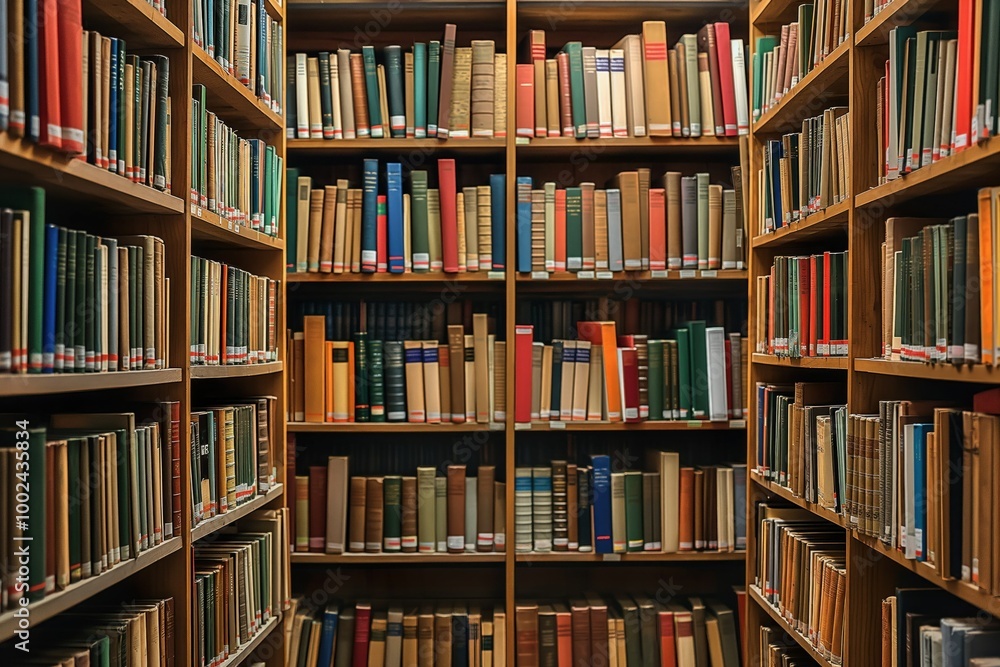 Old wooden bookshelves filled with various books in a quiet library. Multiple books of different sizes and colors stacked on shelves. Educational resource for learning, leisure, and knowledge. Old wooden bookshelves filled with various books in a quiet library. Multiple books of different sizes and colors stacked on shelves. Educational resource for learning, leisure, and knowledge.