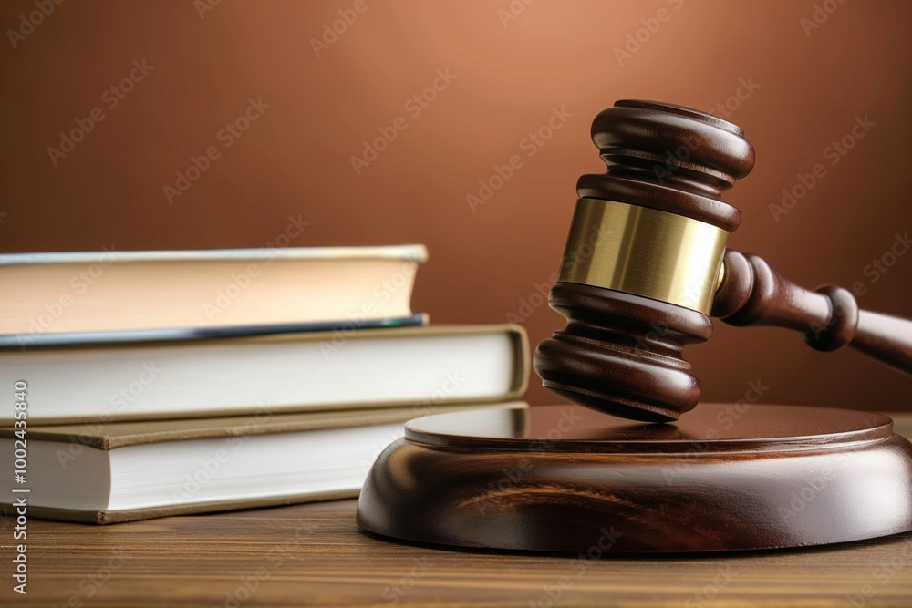 Wooden gavel rests on a wooden table with a stack of books. A brown background provides a neutral tone. The gavel presence suggests authority and power, while the books imply knowledge and law. Wooden gavel rests on a wooden table with a stack of books. A brown background provides a neutral tone. The gavel presence suggests authority and power, while the books imply knowledge and law.