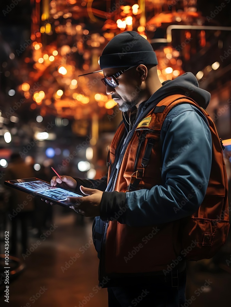 A worker in an industrial setting using a tablet for analysis or monitoring. A worker in an industrial setting using a tablet for analysis or monitoring.