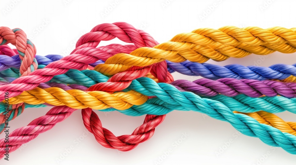 Braided ropes in diverse colors, unity, togetherness. Strong bond between different individuals, representing collective strength, solidarity. Emphasizing importance of cooperation, teamwork. Braided ropes in diverse colors, unity, togetherness. Strong bond between different individuals, representing collective strength, solidarity. Emphasizing importance of cooperation, teamwork.