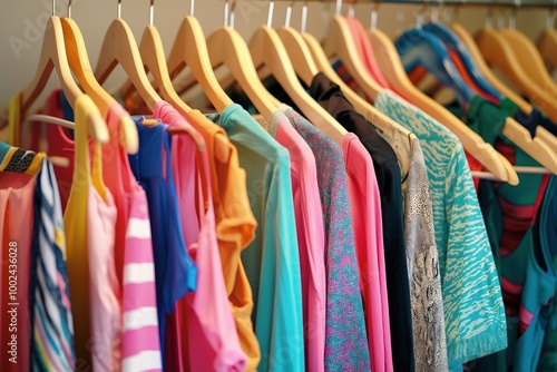 Wallpaper Mural Colorful clothes on modern clothes rack in spacious room. Various garments in different colors like blue, green, pink, purple, striped. Casual attire, female fashion, home decor, interior design. Torontodigital.ca