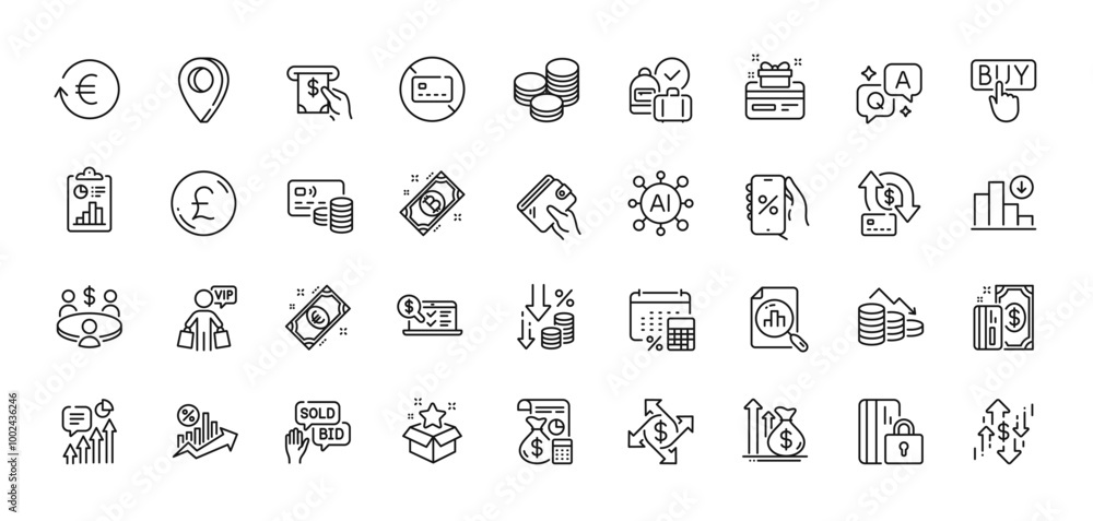 Buying, Bid offer and Bitcoin line icons pack. AI, Question and Answer, Map pin icons. No card, Report, Online accounting web icon. Discounts app, Pound money, Card pictogram. Vector Buying, Bid offer and Bitcoin line icons pack. AI, Question and Answer, Map pin icons. No card, Report, Online accounting web icon. Discounts app, Pound money, Card pictogram. Vector