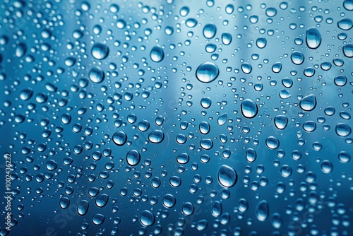 Water droplets on glass surface, blue background, close-up. Clear, transparent water, condensation, liquid pattern, moist surface, wet glass, shiny, glossy, colorful, abstract, macro shot, nobody