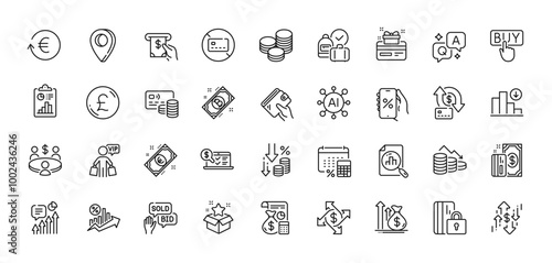 Buying, Bid offer and Bitcoin line icons pack. AI, Question and Answer, Map pin icons. No card, Report, Online accounting web icon. Discounts app, Pound money, Card pictogram. Vector