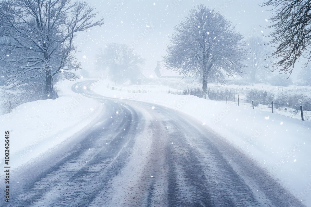 Snowy countryside road with trees covered in snow, frosty landscape during blizzard. Frozen forest scenery with snowflakes falling. Beautiful winter wonderland scene for holiday season. Snowy countryside road with trees covered in snow, frosty landscape during blizzard. Frozen forest scenery with snowflakes falling. Beautiful winter wonderland scene for holiday season.