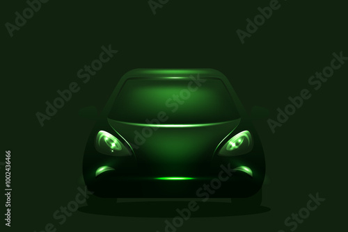 Front view of green glowing electric car, EV concept illustration. Green neon glowing vehicle on a dark background.
