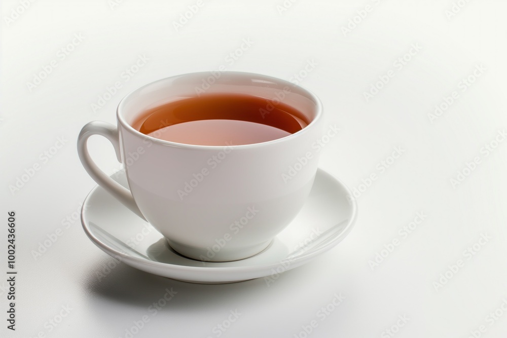 Close-up of ceramic cup containing steaming hot tea on white background. Freshness of tea is highlighted by blurred background. Teabag is visible inside cup. Close-up of ceramic cup containing steaming hot tea on white background. Freshness of tea is highlighted by blurred background. Teabag is visible inside cup.