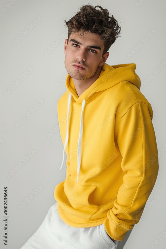 Young adult male in casual wear poses on white background. Wearing bright yellow hoodie, sneakers, casual clothes. Elegant, stylish, trendy fashion model. Yellow, white colors dominate image. Young adult male in casual wear poses on white background. Wearing bright yellow hoodie, sneakers, casual clothes. Elegant, stylish, trendy fashion model. Yellow, white colors dominate image.