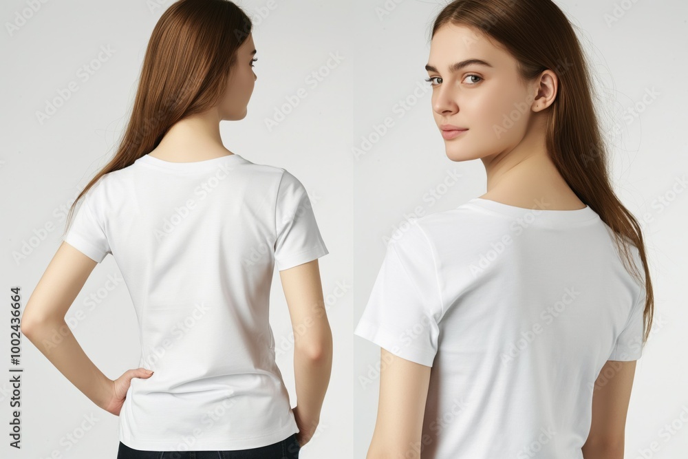 Young woman wearing casual stylish t-shirt on white background. Front and back views of female model in clothing design. Mockup for advertising and branding purposes. Young woman wearing casual stylish t-shirt on white background. Front and back views of female model in clothing design. Mockup for advertising and branding purposes.