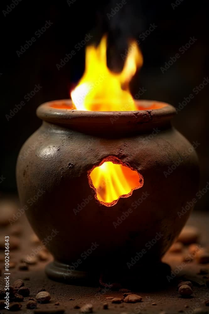 Ancient Oil Jar Cracked with Fire Inside Symbolizing the Miracle of the Oil, Hanukkah Ancient Oil Jar Cracked with Fire Inside Symbolizing the Miracle of the Oil, Hanukkah