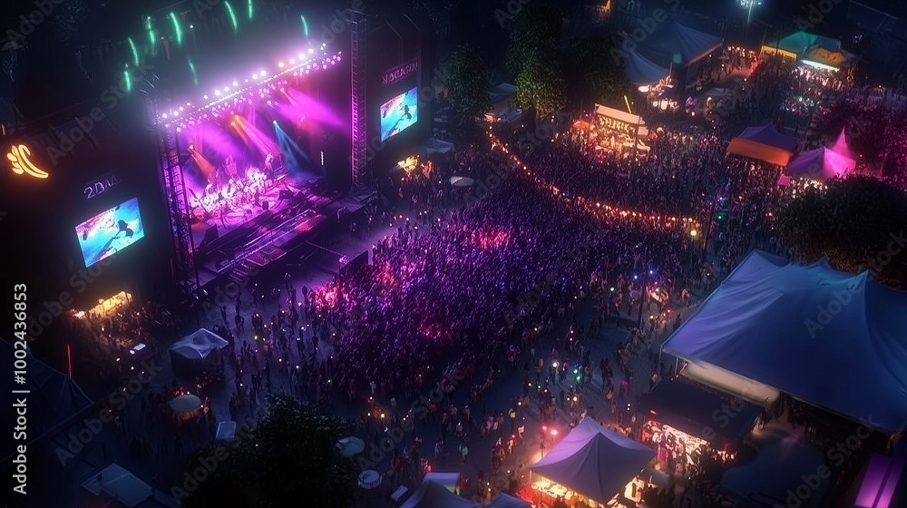 Vibrant Aerial View of Outdoor Music Festival at Night with Colorful Lights and Crowds Vibrant Aerial View of Outdoor Music Festival at Night with Colorful Lights and Crowds