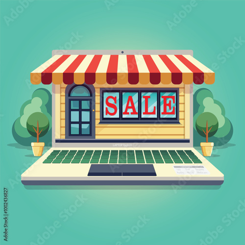 An illustration of a laptop, the monitor of which is stylized as a classic shop window