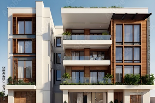 Front view of a luxury apartment exterior design isolated on a white background.