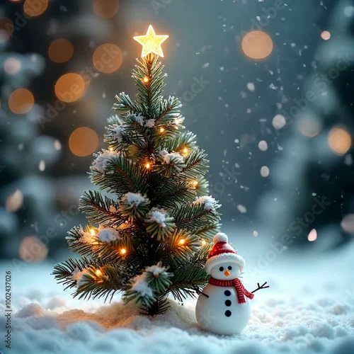 Decorated Christmas Tree with a Snowman Underneath in a Snowy Forest