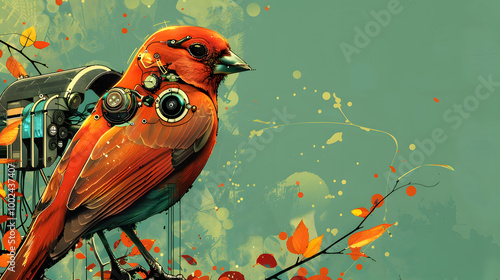 Beautiful illustration artwork of a robotic mechanical sparrow bird with a unique colorful background. photo