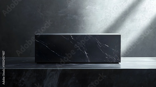 Elegant black marble block on a dark surface illuminated by soft light in a minimalist setting photo