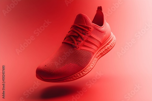 Bright red athletic shoe floating against a vibrant red background showcasing modern design elements photo