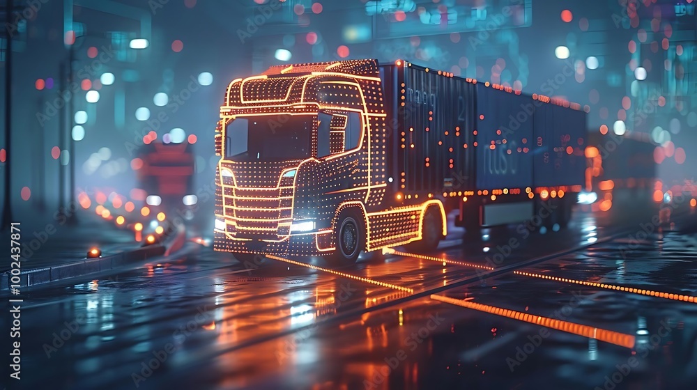 A futuristic truck illuminated with neon lights on a city street at night. A futuristic truck illuminated with neon lights on a city street at night.