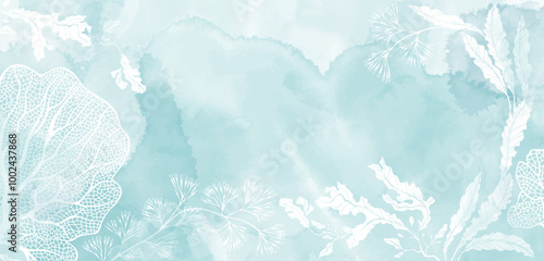 Luxury invitation card background on a marine theme with seaweed on a blue watercolor background. Abstract art background, cover template. Vector design with space for text.