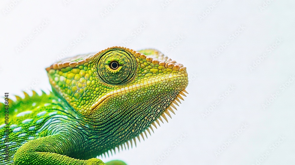 Obraz premium A close-up of a green chameleon's head against a light blue sky in the background