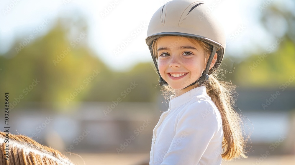 Young Girl in Helmet Smiling on Horseback Young Girl in Helmet Smiling on Horseback