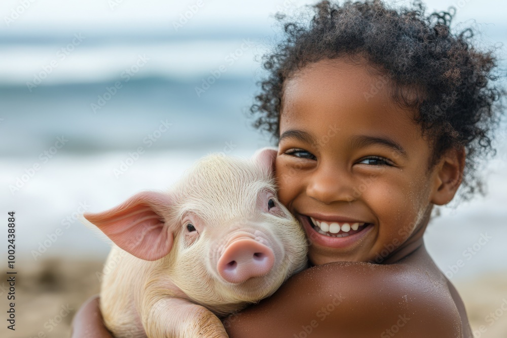 Piggy Back. Bonding with Baby Pig on Beach Holiday in Interracial Foster Family Portrait Piggy Back. Bonding with Baby Pig on Beach Holiday in Interracial Foster Family Portrait