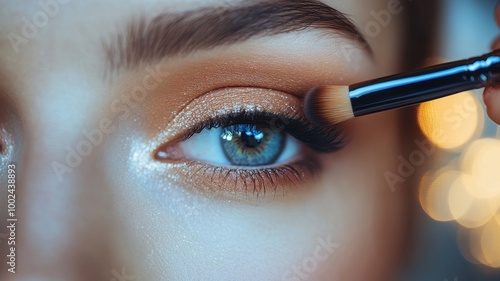 Eye Makeup Application, Close up of eyeshadow blending on a woman eyelid. Beauty, cosmetics, and makeup artistry