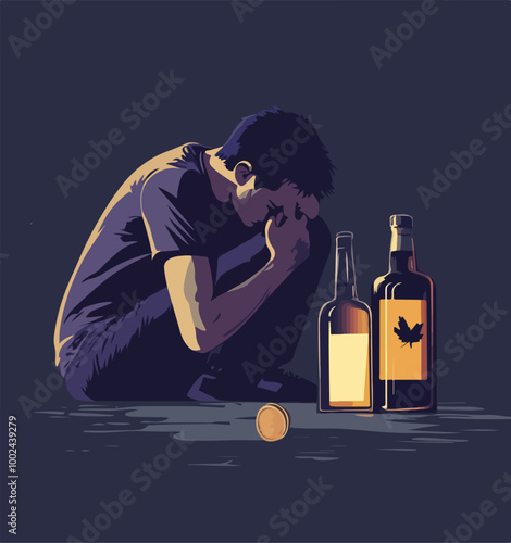 Illustration of a person using alcohol. Alcohol dependence.