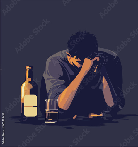 Illustration of a person using alcohol. Alcohol dependence.
