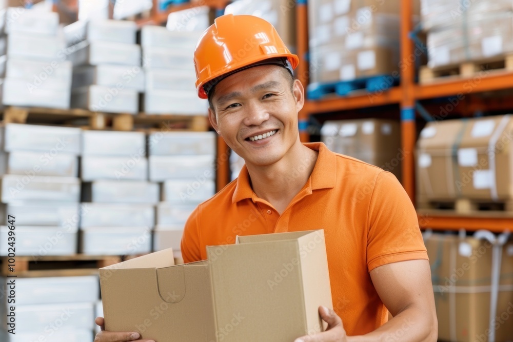 Asian warehouse worker smiling while holding cardboard box in storage facility Asian warehouse worker smiling while holding cardboard box in storage facility