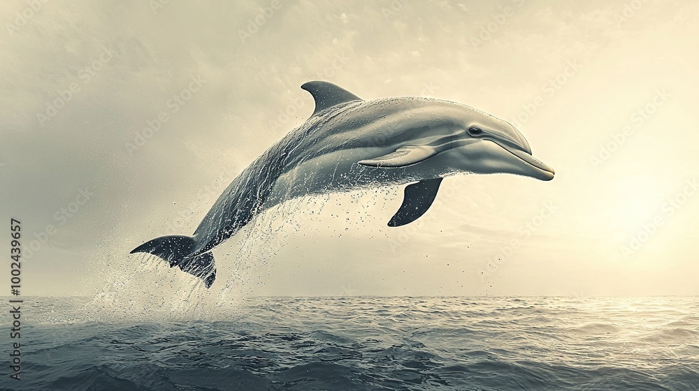 Fototapeta premium A dolphin leaps out of the water with its mouth gaping open and head above the water's surface