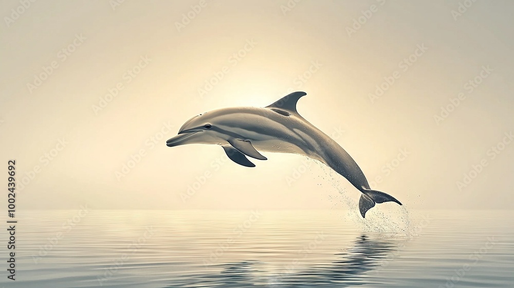 Naklejka premium A dolphin leaps from the sea under a light blue sky, with sunlight glinting off the water