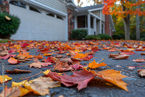 A vibrant image of fallen autumn leaves in yellow, orange, and red scattered on a driveway, with a two-story colonial house and trees in the background, capturing the essence of fall photo