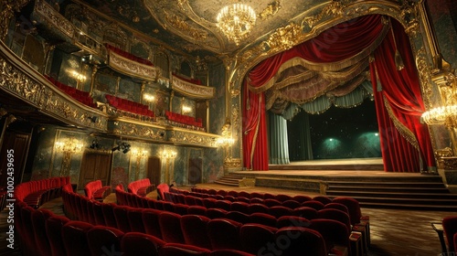 An elegant retro theater with plush red velvet seats