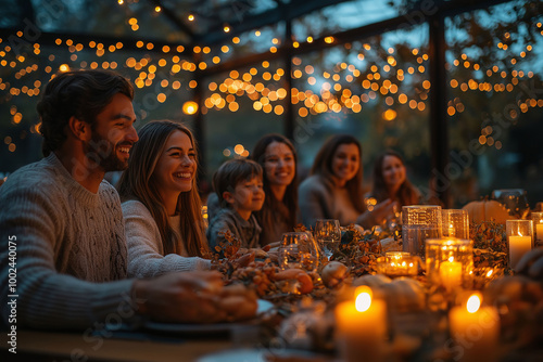 Candlelight illuminates the faces of a joyful family at a Thanksgiving table adorned with fall leaves and a cornucopia, featuring delicious turkey, mashed potatoes, and green beans