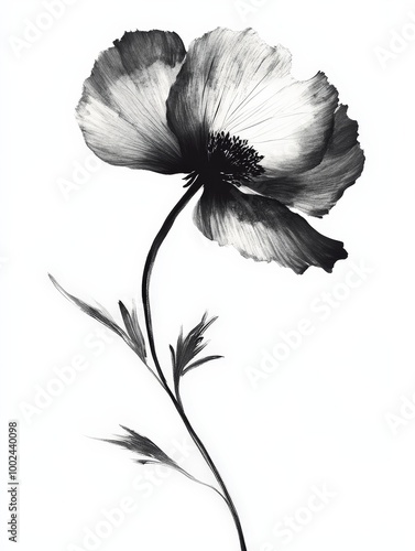 A black and white drawing of a flower with a stem