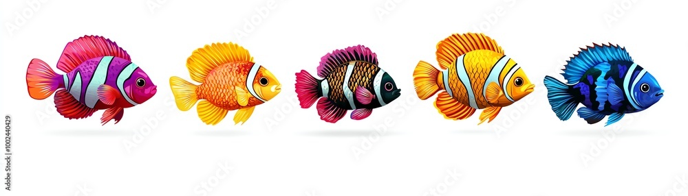 Fototapeta premium Colorful tropical fish in a row, showcasing vibrant hues and patterns, perfect for marine life, aquarium, and underwater-themed projects.