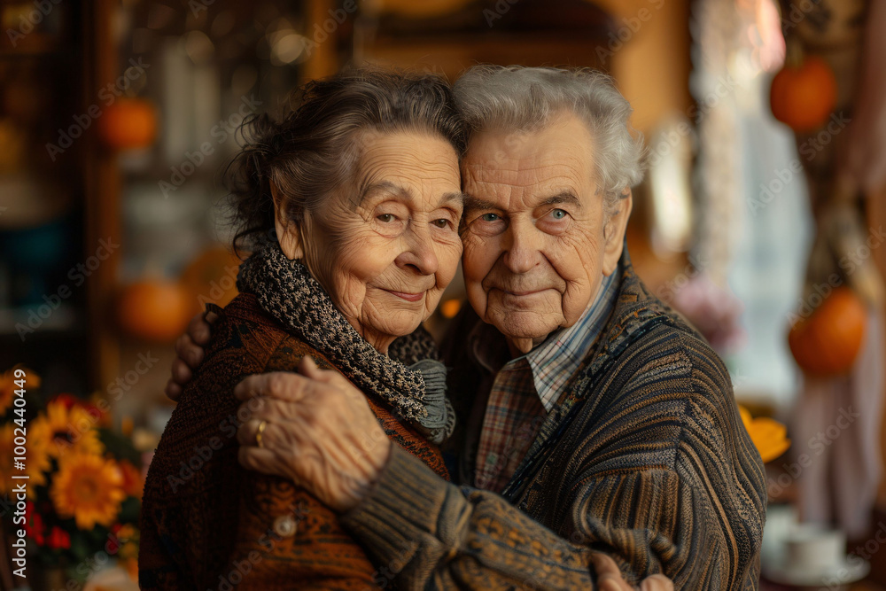 An elderly couple smiles as they embrace in a warm, intimate atmosphere decorated with autumnal elements and floral arrangements, radiating love and companionship An elderly couple smiles as they embrace in a warm, intimate atmosphere decorated with autumnal elements and floral arrangements, radiating love and companionship