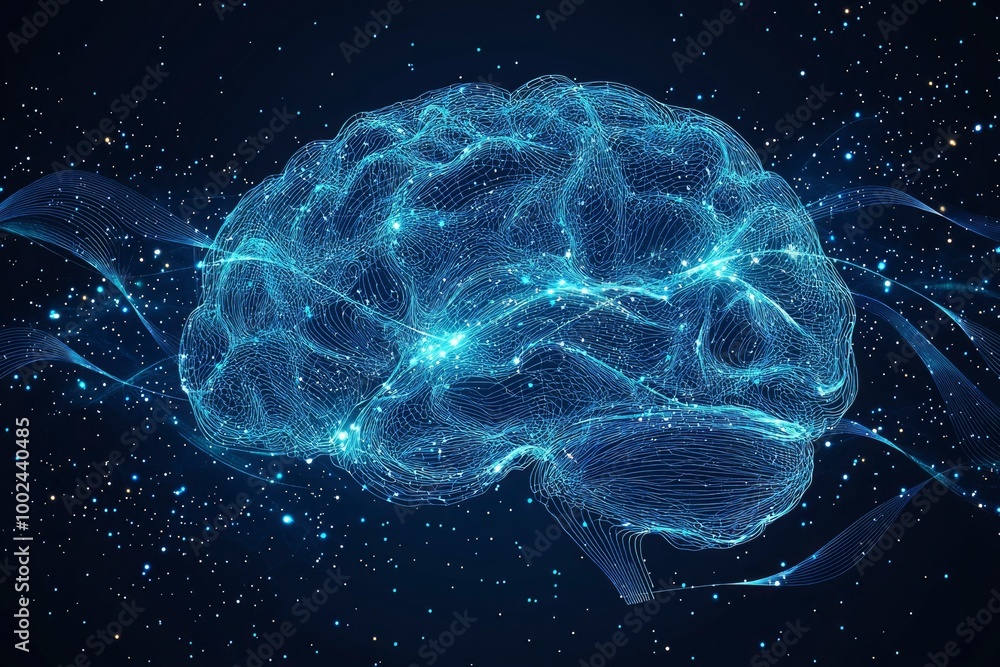 A Digital Representation of a Human Brain with a Starry Background A Digital Representation of a Human Brain with a Starry Background