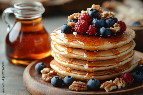 A decadent stack of homemade pancakes topped with fresh blueberries, juicy raspberries, crunchy walnuts, and generously drizzled with pure maple syrup, perfect for a delightful breakfast or brunch photo