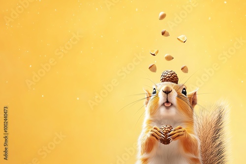 Squirrel with pine cone on a vibrant yellow background, joyful expression. photo