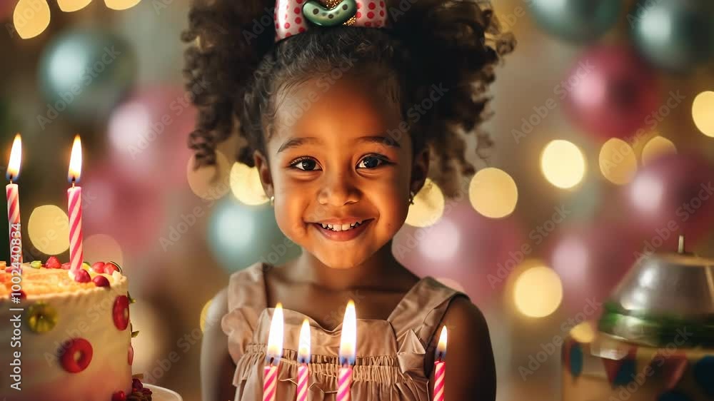 African American girl smiling in front of birthday cake with lit candles, celebration portrait with festive bokeh background, childhood joy and family tradition African American girl smiling in front of birthday cake with lit candles, celebration portrait with festive bokeh background, childhood joy and family tradition