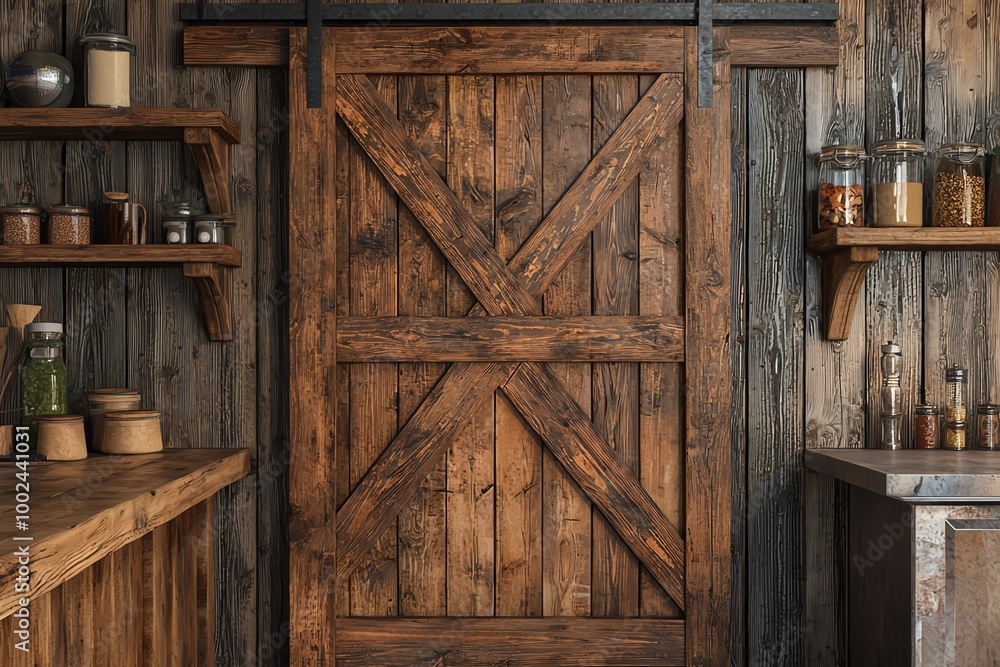 Rustic wooden barn door in a cozy interior setting with shelves. Rustic wooden barn door in a cozy interior setting with shelves.