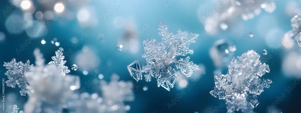 Close-up of snowflakes on ice, arranged in an artistic pattern with various shapes and sizes Close-up of snowflakes on ice, arranged in an artistic pattern with various shapes and sizes