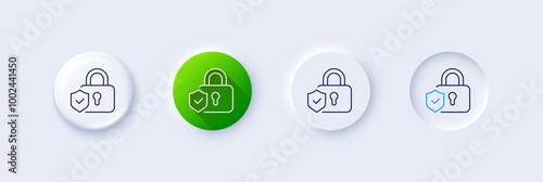 Security lock line icon. Neumorphic, Green gradient, 3d pin buttons. Cyber defence shield sign. Private protection symbol. Line icons. Neumorphic buttons with outline signs. Vector