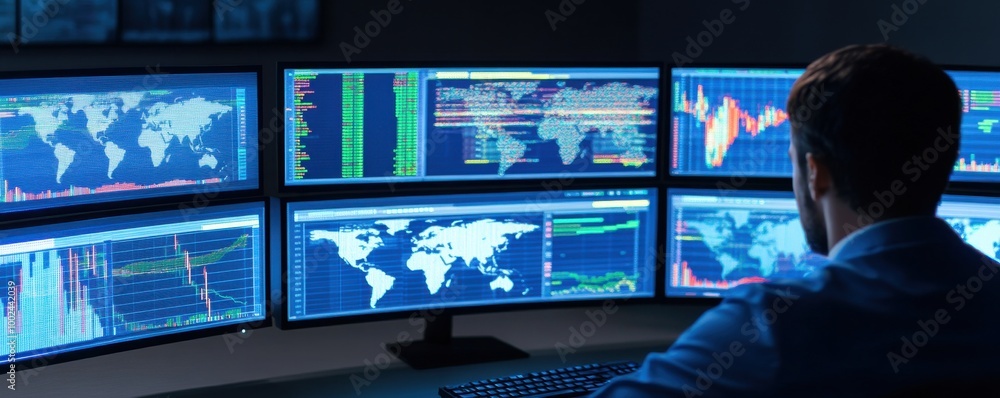 A professional analyzing market data with multiple monitors displaying fluctuating graphs and global maps in a dark room. A professional analyzing market data with multiple monitors displaying fluctuating graphs and global maps in a dark room.